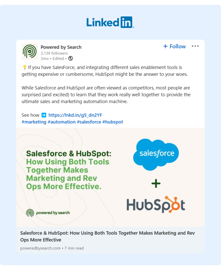 The agency Powered by Search runs a paid post to boost a blog post that highlights HubSpot and its user friendly features