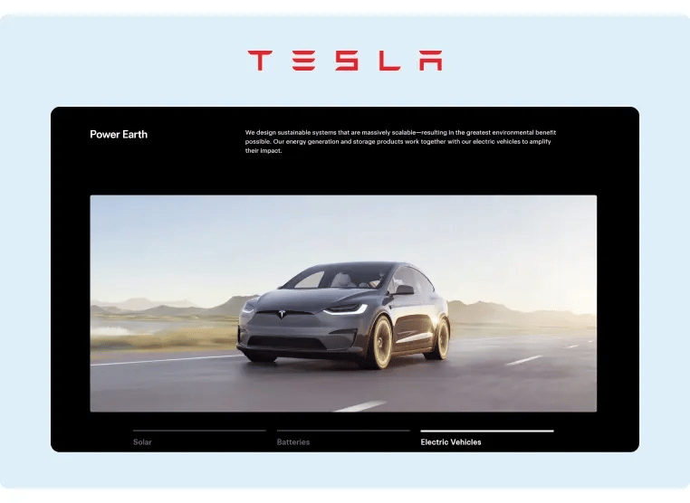 The brand statement of electric vehicles in the About page of Tesla