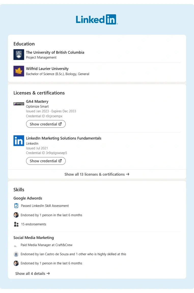 The certification and skills section of a LinkedIn profile