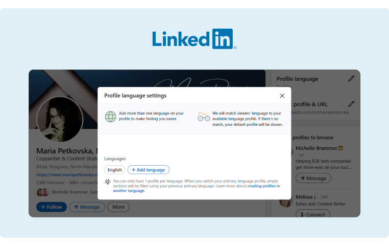 The profile language settings of a LinkedIn profile