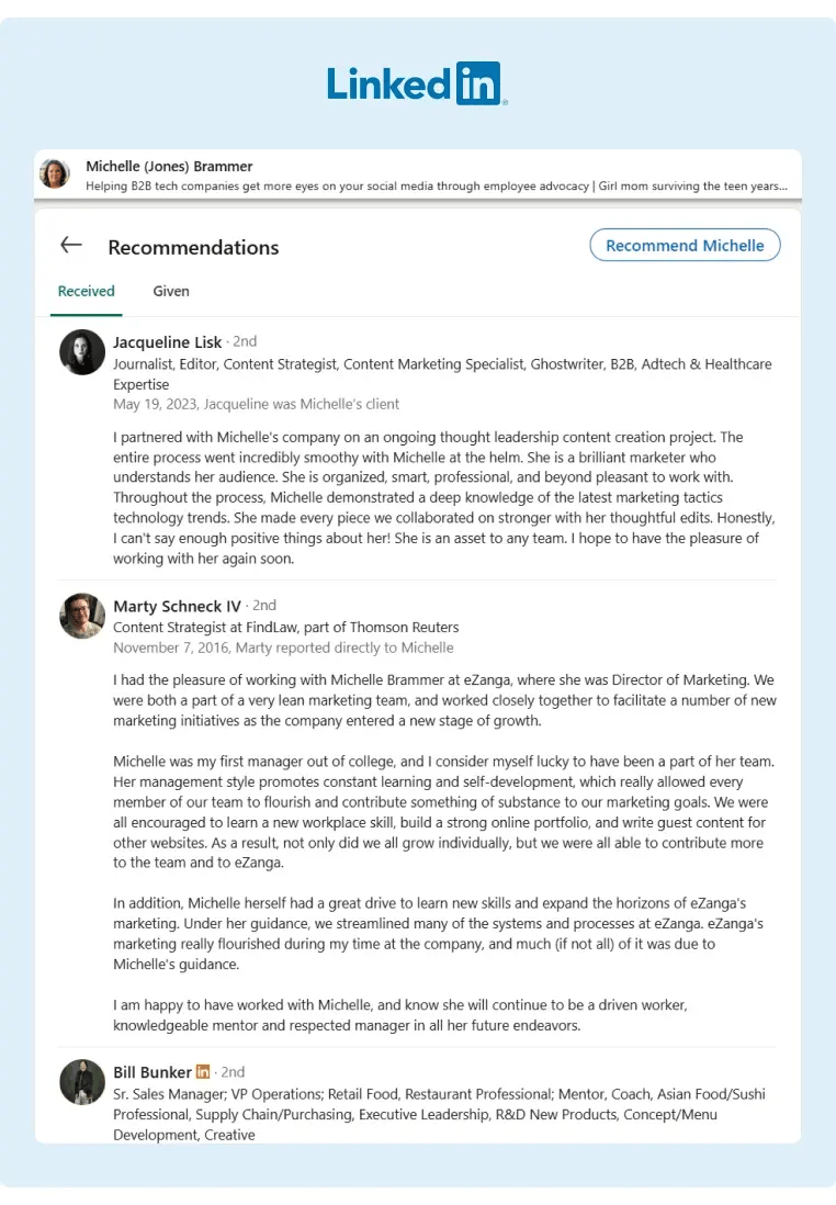 The recommendations section of our Director of Marketing as featured on LinkedIn