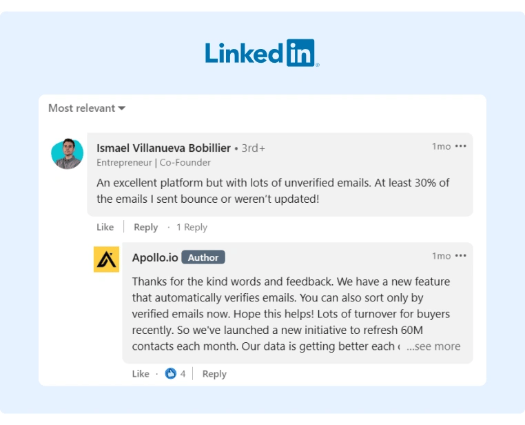 The top comment on a post from Apollo io sharing blunt feedback to the company who promptly responded and took actions in the matter
