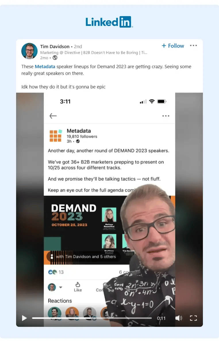 Tim Davidson gave a shoutout to Metadata for their Demand 2023 speaker lineup