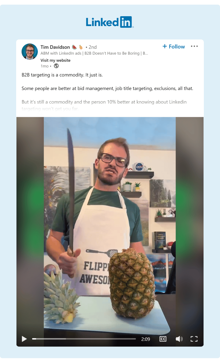 Tim Davidson makes his videos unique by discussing serious marketing and B2B topics while cutting fruits with a large machete