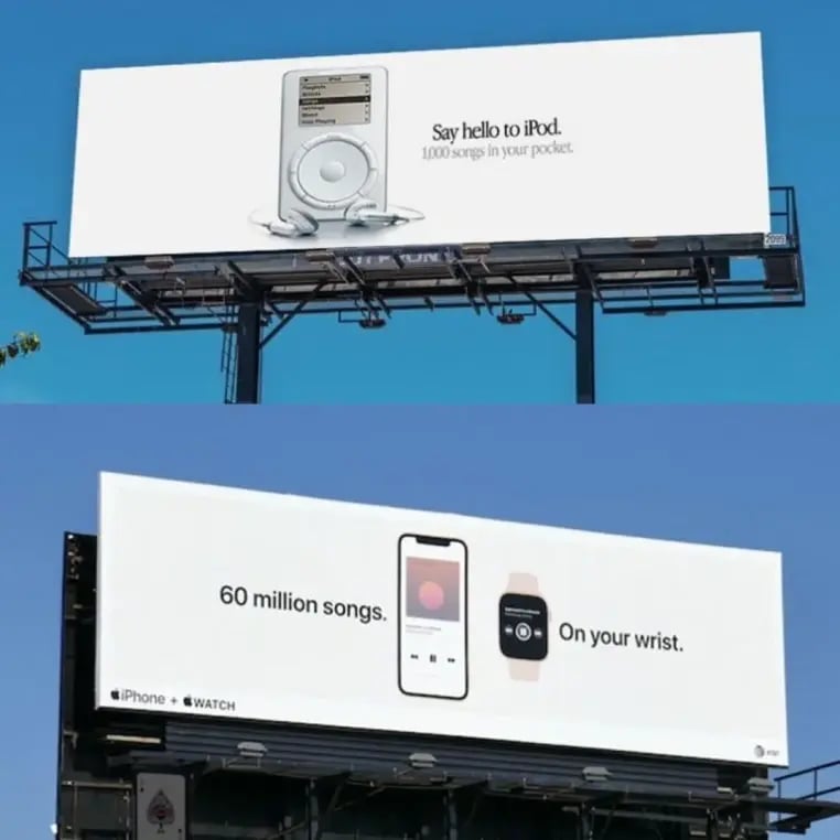 Two billboard ads from Apple products from different eras