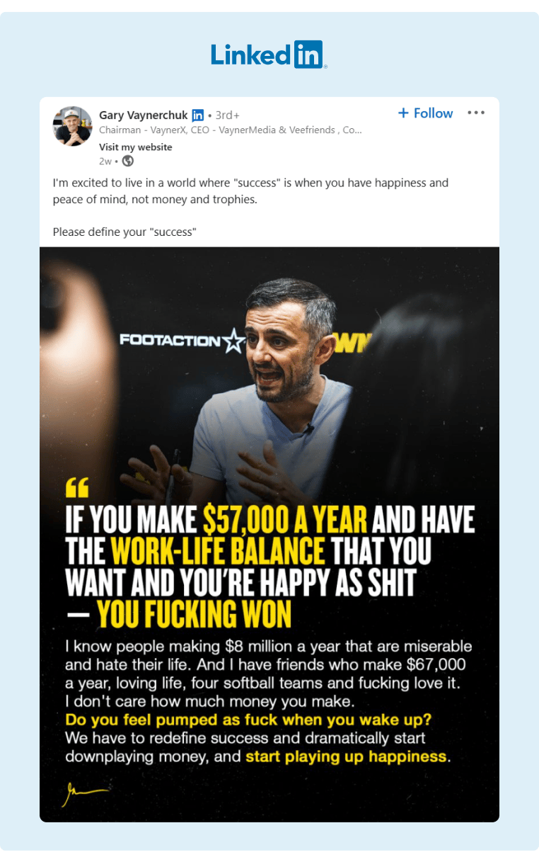 VaynerX CEO shared an inspirational quote supporting the idea that success and happiness are not measured by monetary worth