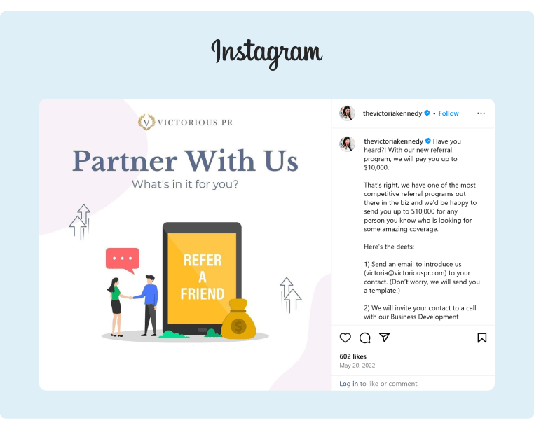 Victorious PR founder posted the details of their referral program on her Instagram