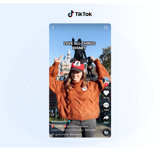 Video Engagement - Disney using their TikTok account to recruit for their open positions with a young woman standing in front of the castle with Mickey ears on