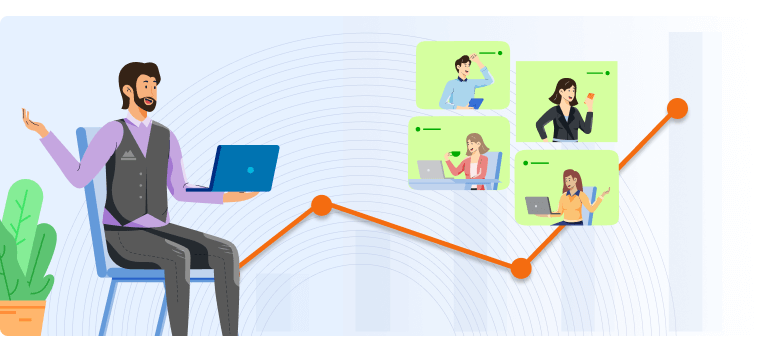 Video Engagement with man ina vest sitting in a chair with a laptop and a growth chat displayed in the background leading the four other business people that are happy and on various forms of video 