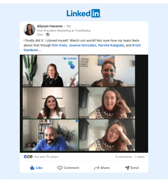Video engagement - A post from LinkedIn with a screen shot of a Zoom meeting with six Zoom windows and one of the participants has been cloned