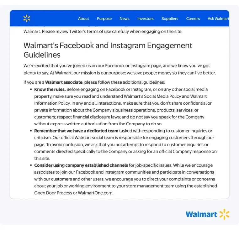 Walmart policies for interactions over on Facebook and Instagram