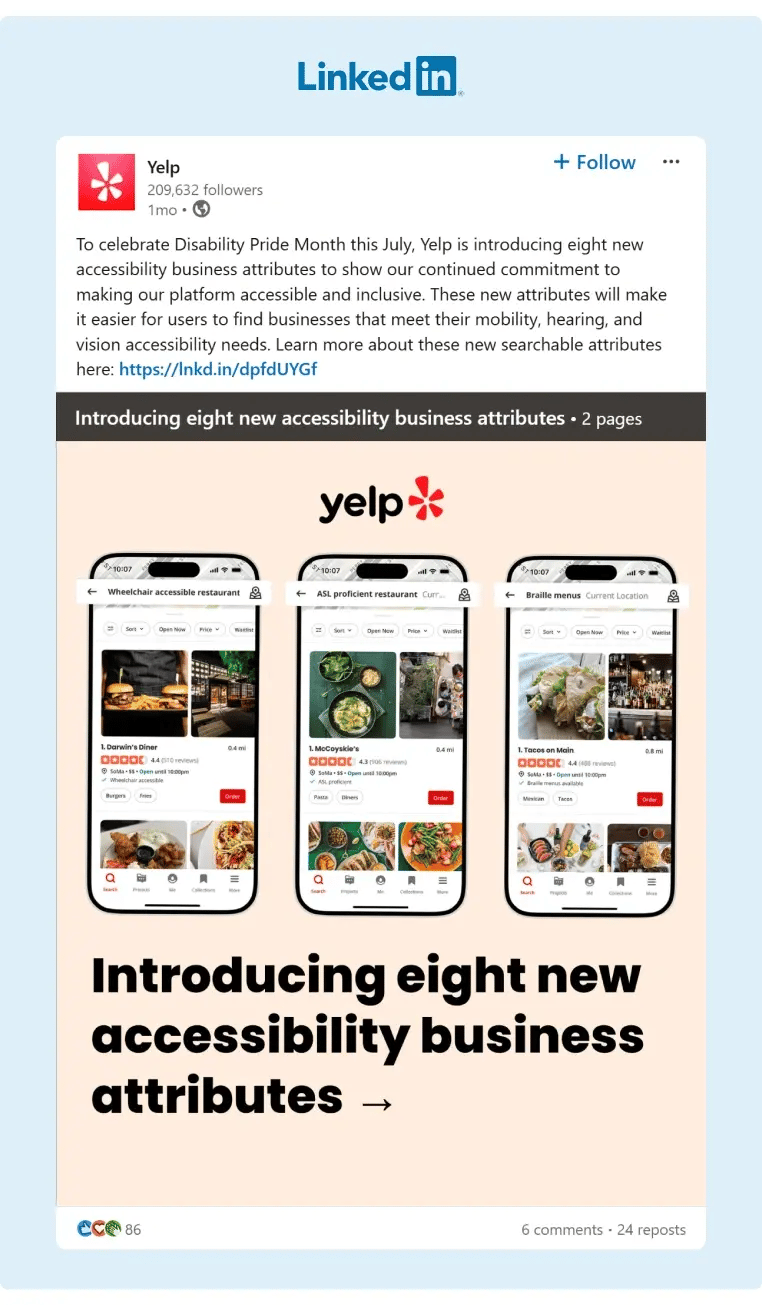 Yelp announced new accesibility features to their app for their users