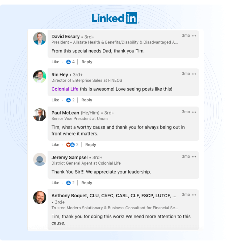 employee advocacy example comment section from Linkedin on the CEOs post around the company dedication to special needs advocacy