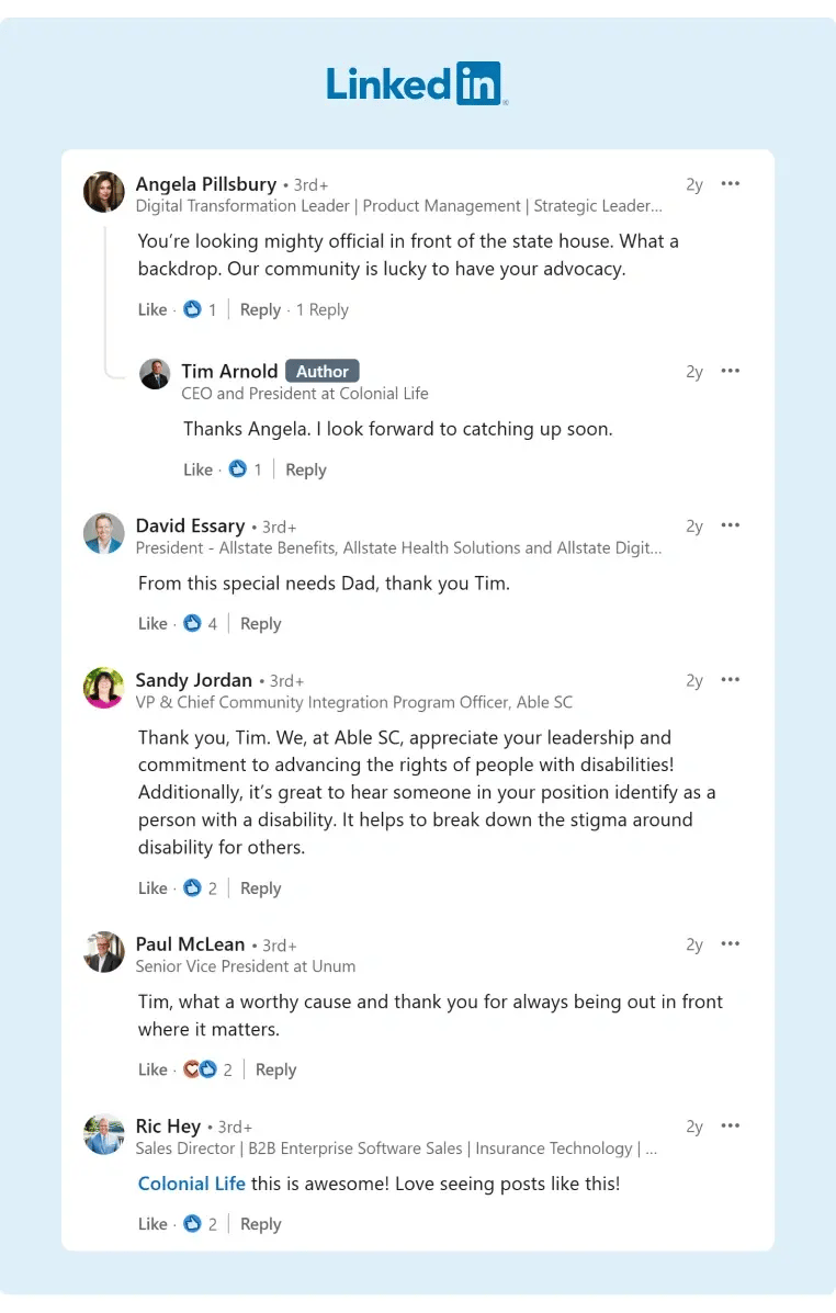 employee advocacy example comment section from Linkedin on the CEOs post around the company dedication to special needs advocacy