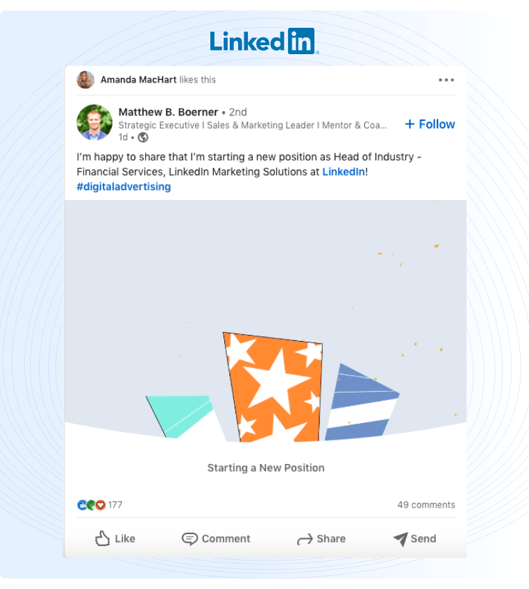 employee advocacy example of a LinkedIn post sharing the person is moving companies