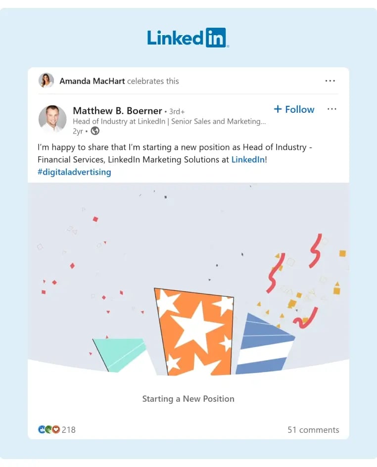 employee advocacy example of a LinkedIn post sharing the person is moving companies