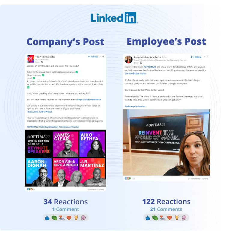 employee advocacy example side by side example of a CEO share and an employee share of the same information