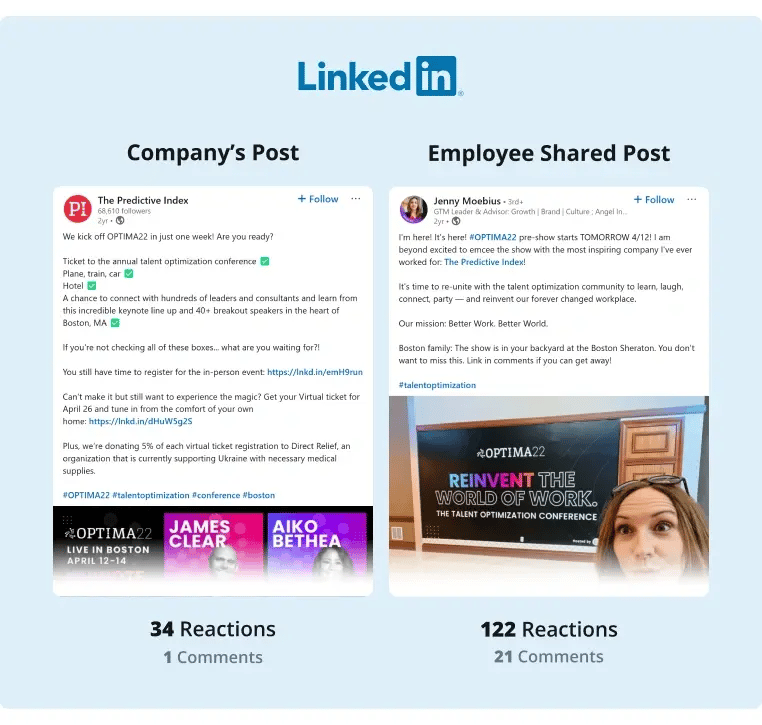 employee advocacy example side by side example of a company share and an employee share of the same information