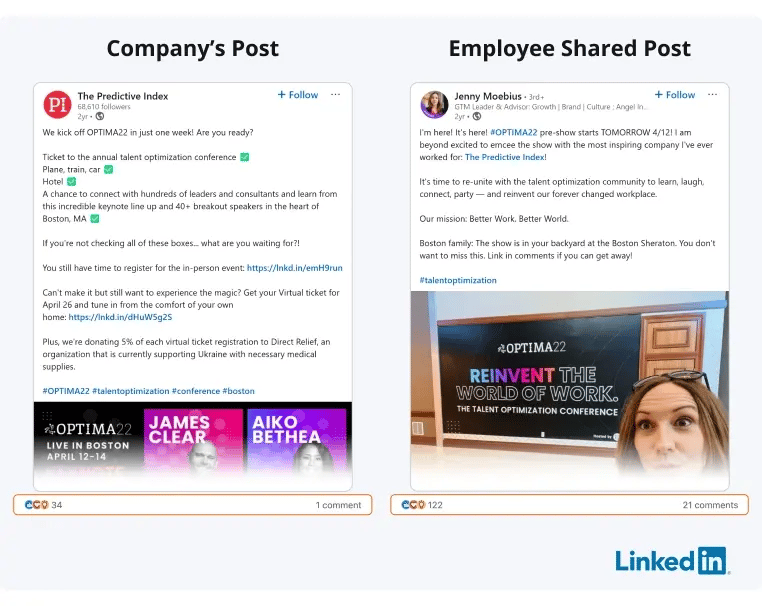 employee advocacy example side by side example of a company share and an employee share of the same information