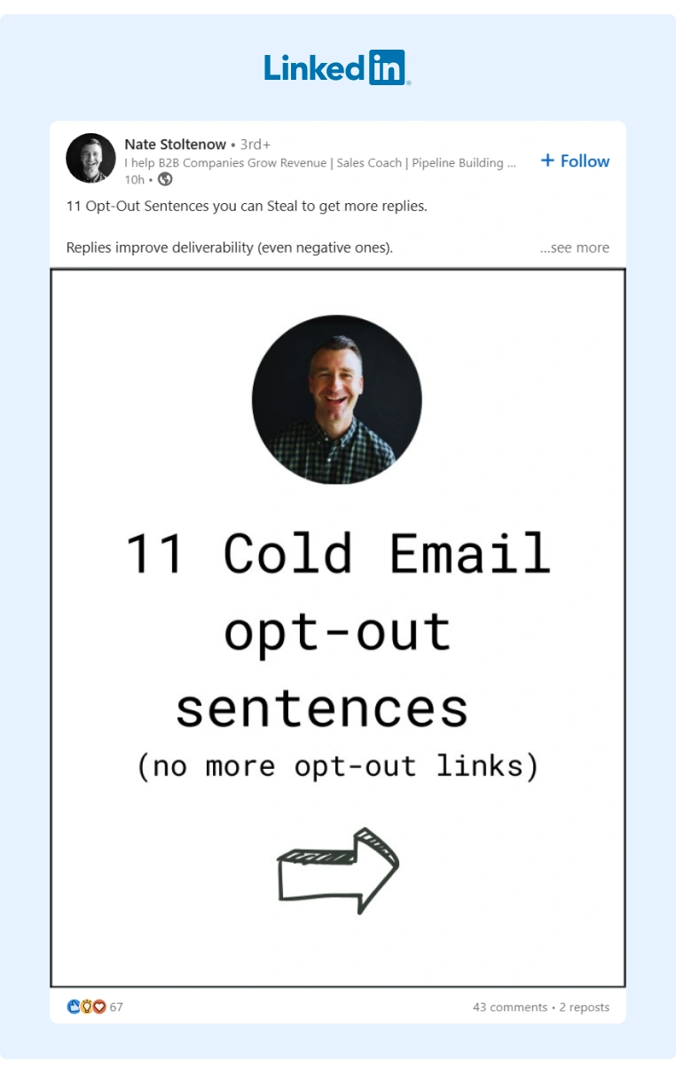 A LinkedIn post about Opt-Out Sentences for cold emails