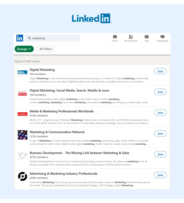 A list of groups in LinkedIn related to marketing
