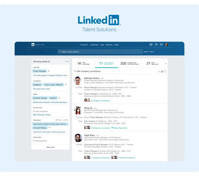 A screenshot of LinkedIn Recruiter displaying a list of possible candidates matching a specific position