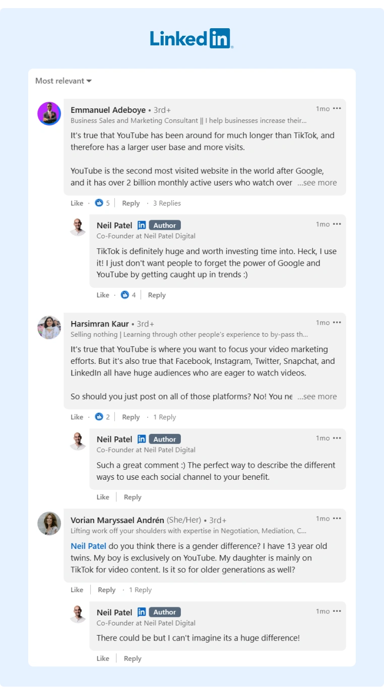 A screenshot of the comment thread on a LinkedIn Post from Neil Patel about TikTok and Youtube