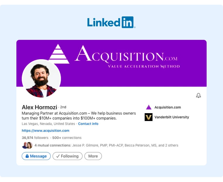 Alex Hormozi LinkedIn profile