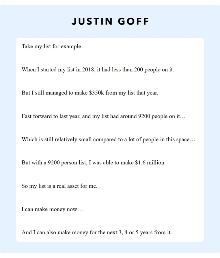 An extract from a Justin Goff Blog about how profitable an email list is