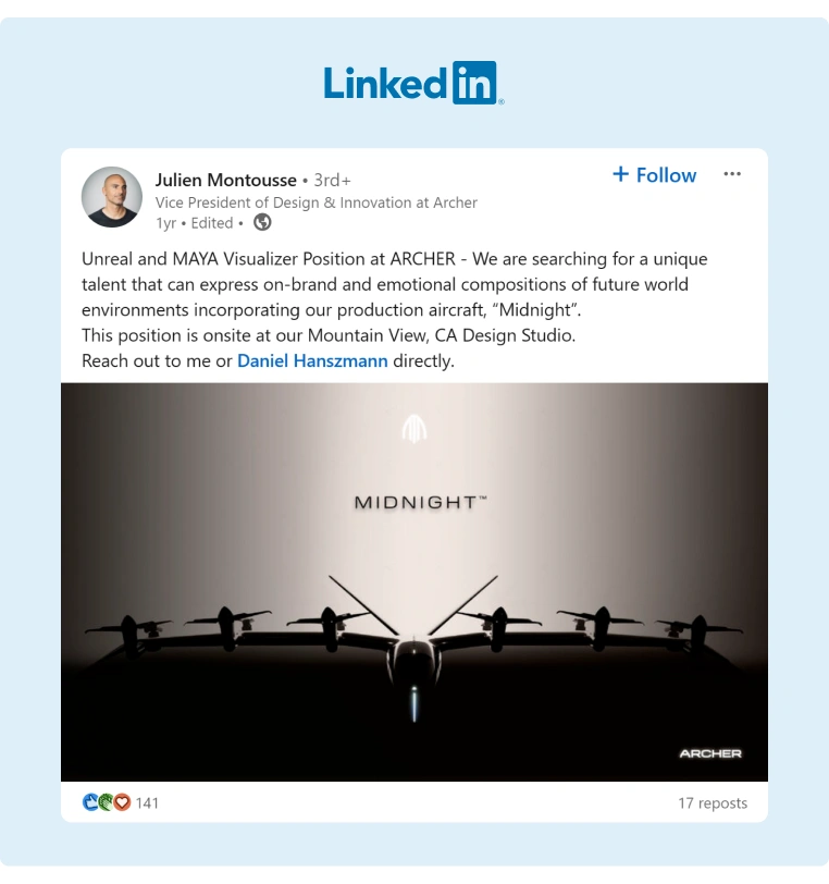 Archer inspiring post promoting an open position on LinkedIn