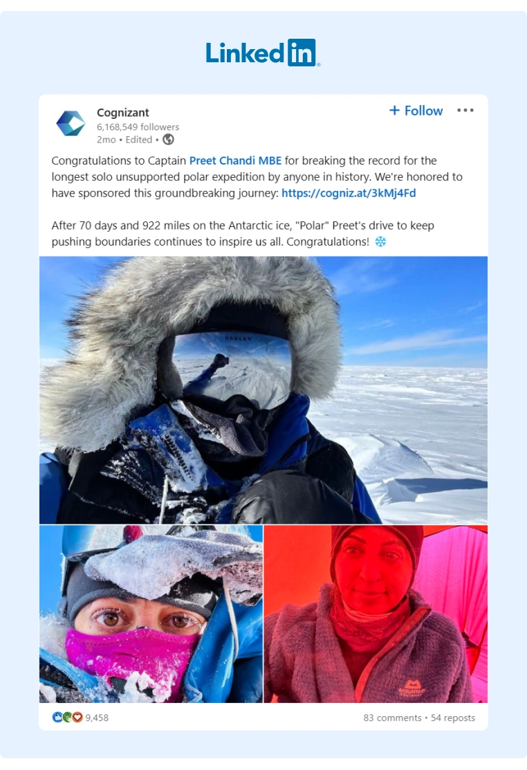 Cognizant celebrated on LinkedIn by posting about a polar expedition they sponsored
