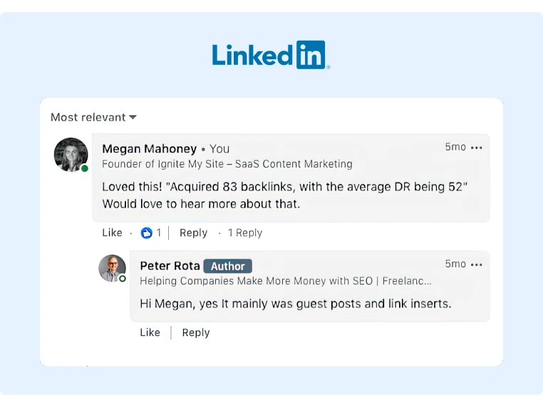 Comment thread Megan started with the post author about backlinks