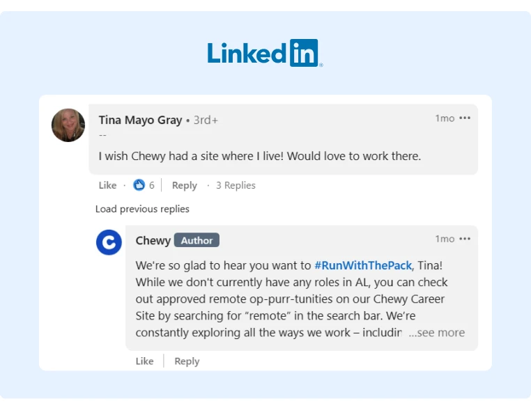 Comments from a Chewy post on LinkedIn advocating for the brand to open new employment opportunities near them