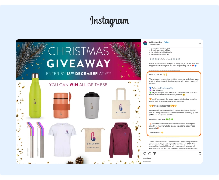 Company announcing giveaway rules on Instagram