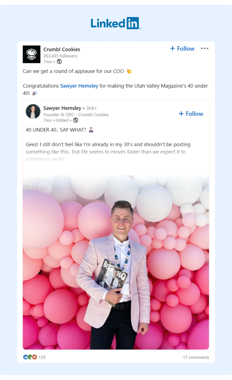 Crumbl Cookies resharing a post from their COO to increase engagement