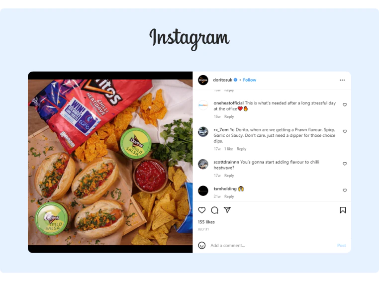 Doritos using an eye-catching image post via Instagram and engaging with followers using casual language