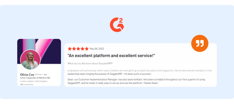 GaggleAmp received a review on G2 complimenting them about their service and platform
