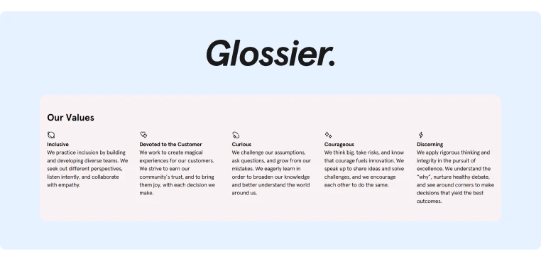 Glossier core values as stated on their website