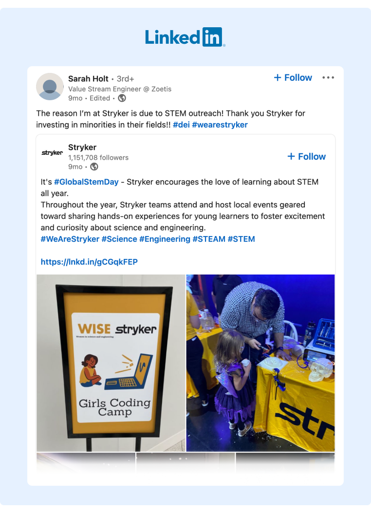 Great example of how Stryker leverages employee advocacy on LinkedIn