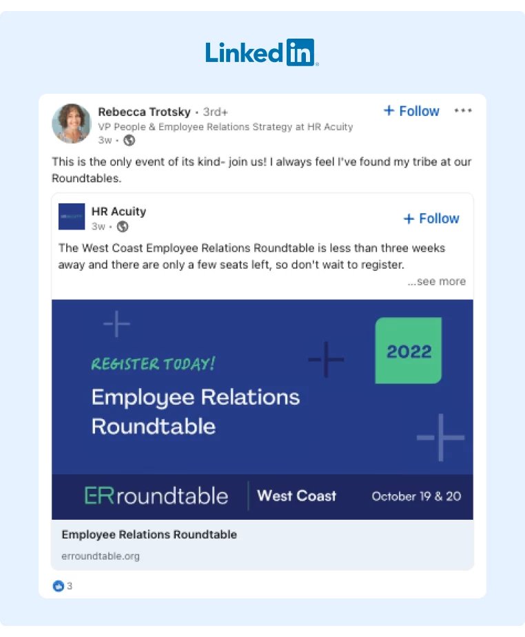 HRAcuity Employee promoting the roundtable event on LinkedIn