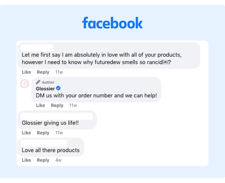 How Glossier handles negative experiences shared by their customers through Facebook comments