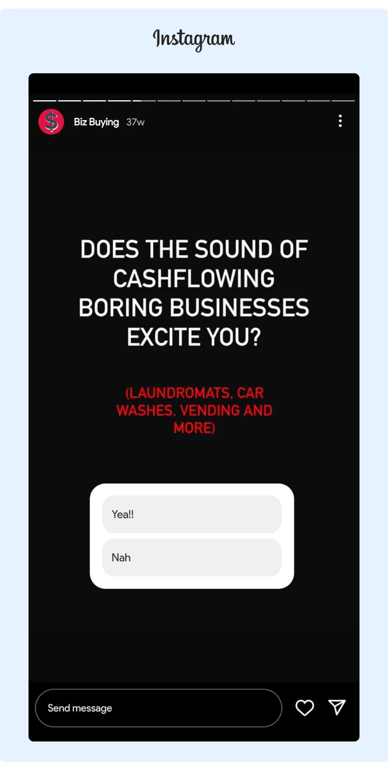 Instagram Story from the Unconventional Acquisitions account with a quiz about Cashflowing Boring Businesses