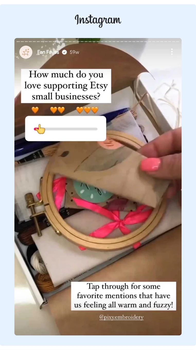 Instagram story from Etsy using the apps native tools to engage their audience on social media