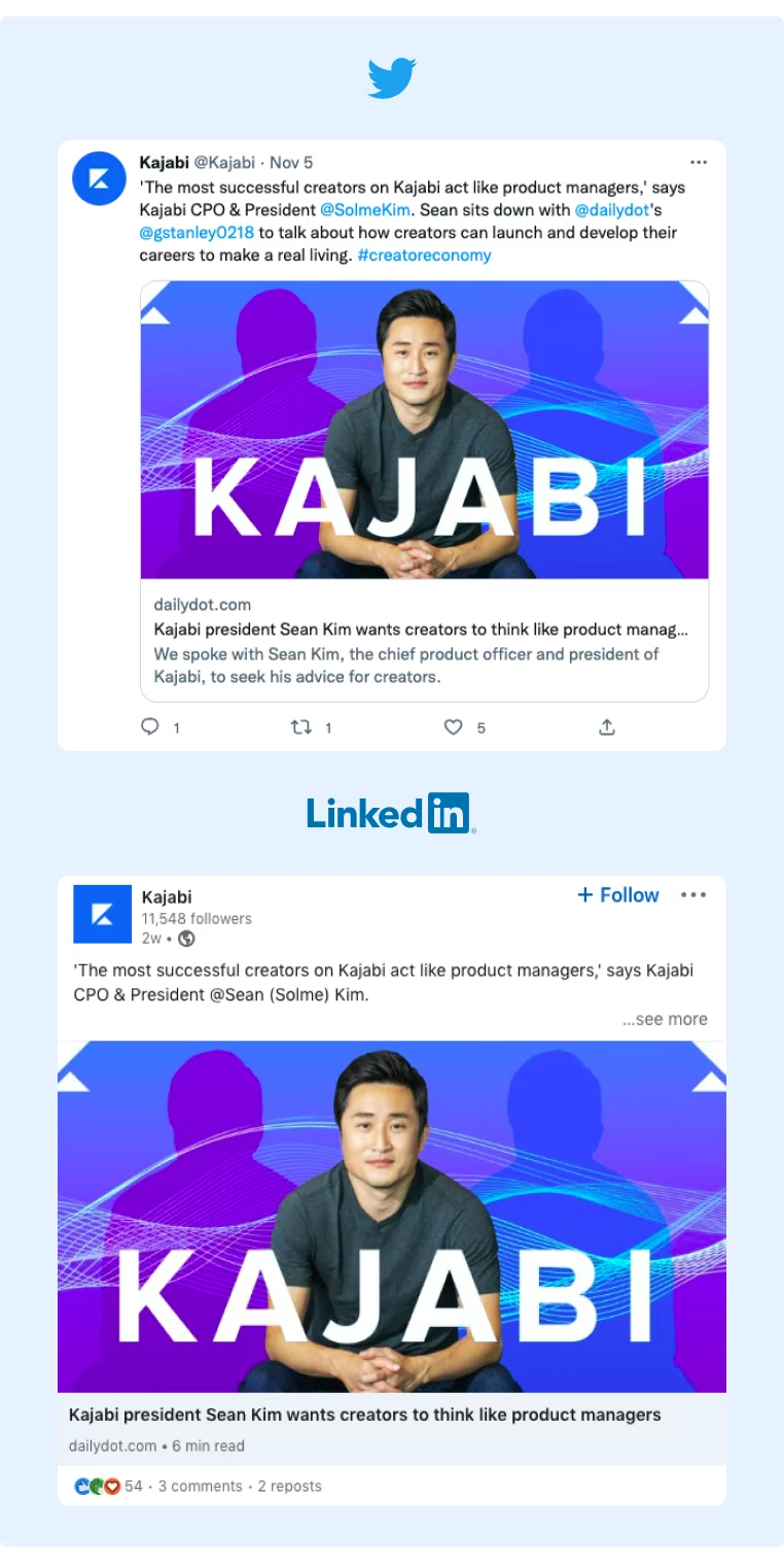 Kajabis post performance on LinkedIn and Twitter