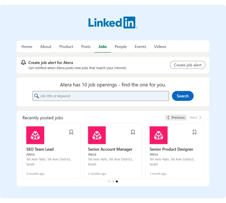 LinkedIn Jobs tab listing recent positions from Atera