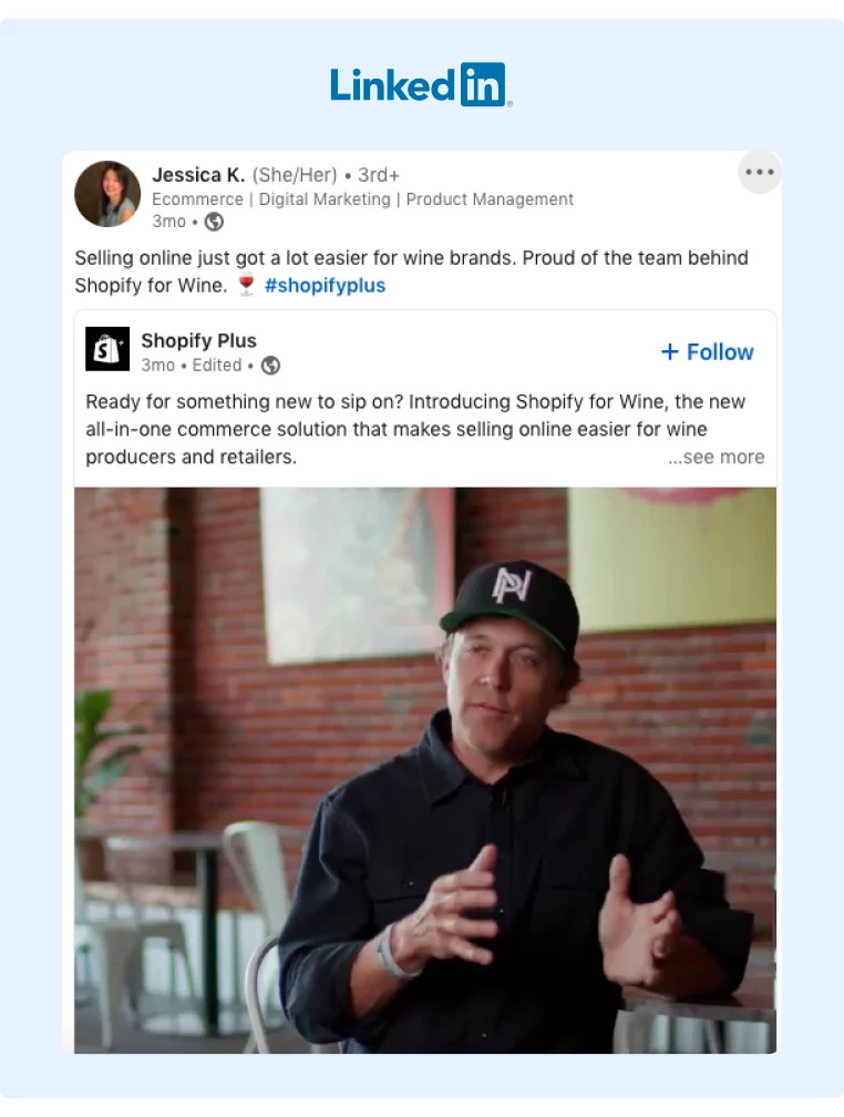LinkedIn Post of a Shopify employee promoting a company post