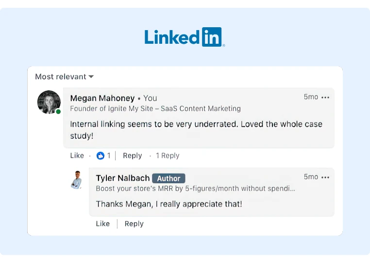 LinkedIn comment thread between Megan and Tyler about his internal linking case study post