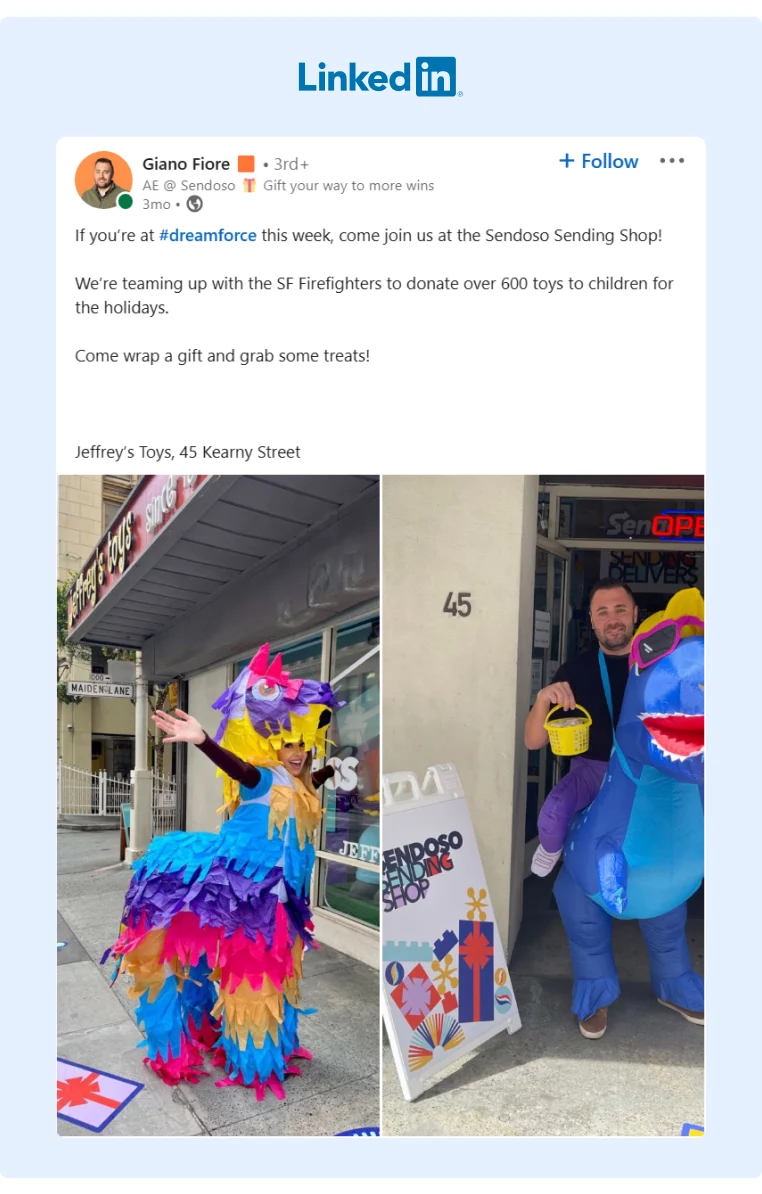 LinkedIn post about Sendoso donating toys while they wear funny costumes