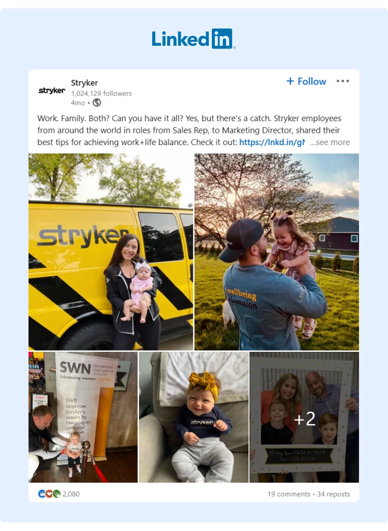 LinkedIn post of Stryker WFH employees and their families