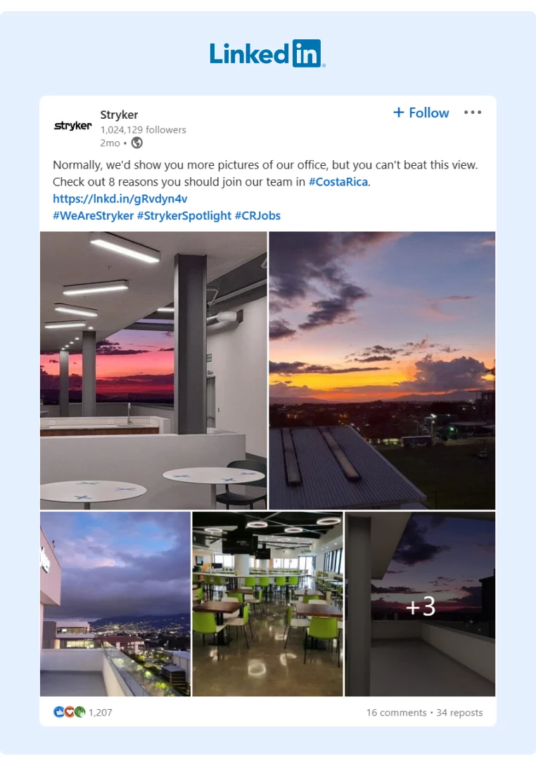LinkedIn post showcases Strykers new facilities with a great sunset view in Costa Rica